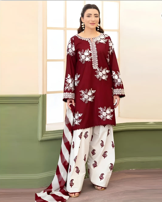 ZARA SHAHJAHAN-3PC LAWN EMBROIDERED SHIRT WITH MONARK PRINTED DUPATTA AND EMB TROUSER