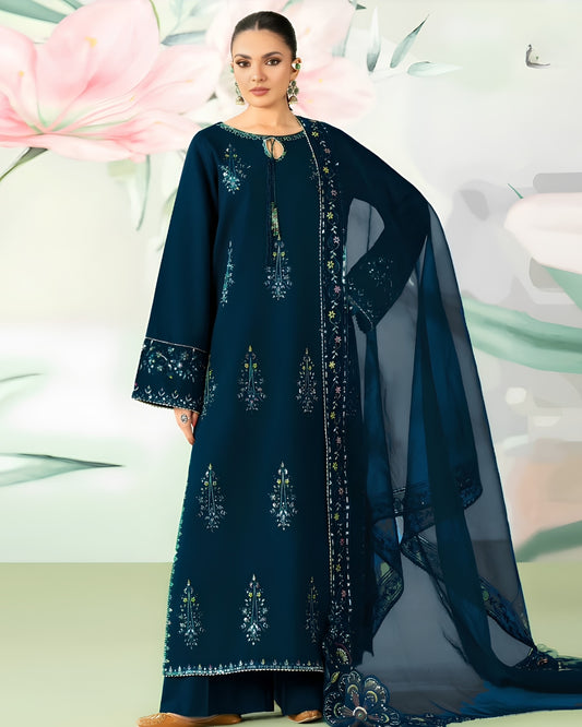 ETHNC-3PC LAWN SEQUIN EMBROIDERED SHIRT WITH ORGANZA EMBROIDERED DUPATTA AND TROUSER