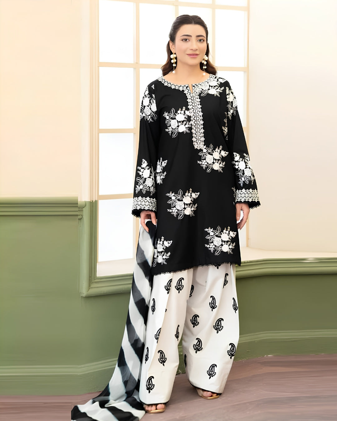 ZARA SHAHJAHAN-3PC LAWN EMBROIDERED SHIRT WITH MONARK PRINTED DUPATTA AND EMB TROUSER