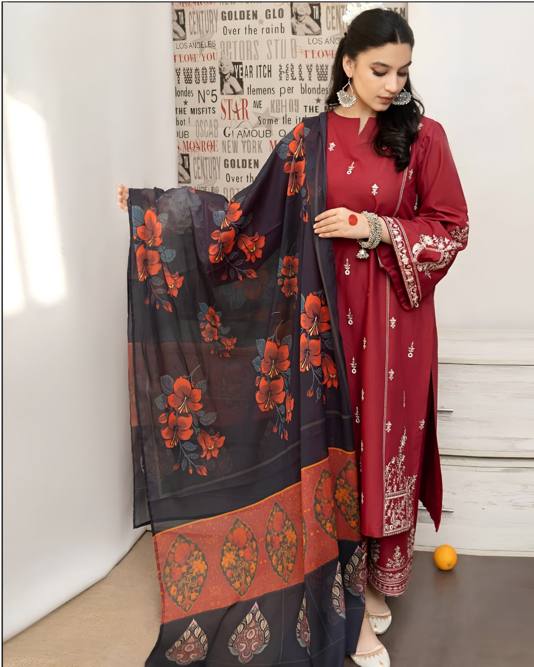 URGE 3-PIECE LAWN EMBROIDERED DRESS WITH EMBROIDERED DUPATTA & TROUSER