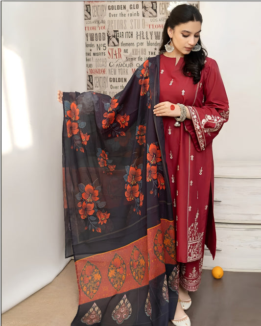 URGE 3-PIECE LAWN EMBROIDERED DRESS WITH EMBROIDERED DUPATTA & TROUSER