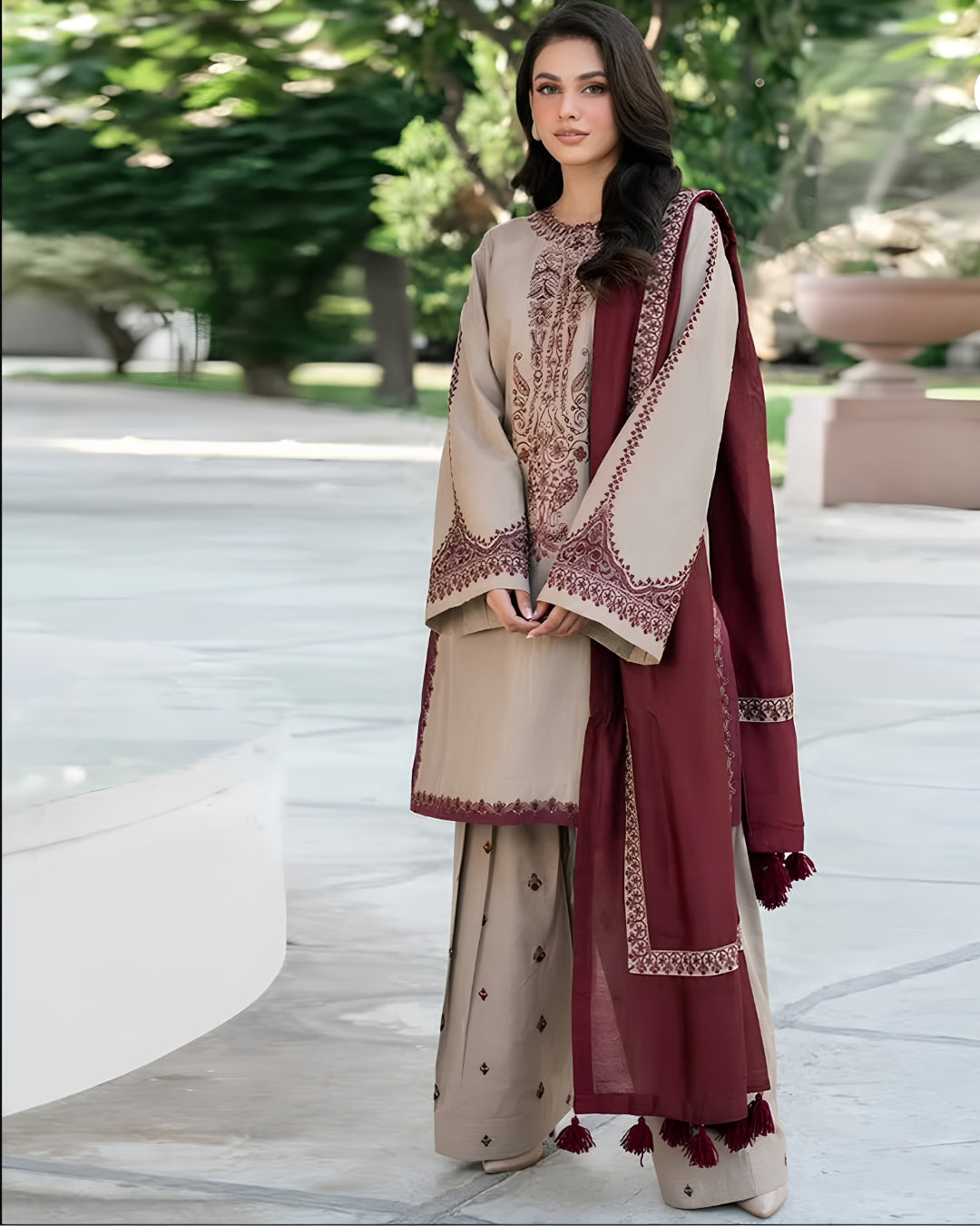 BAROQUE 3-PIECE LAWN EMBROIDERED DRESS WITH EMBROIDERED DUPATTA & TROUSER