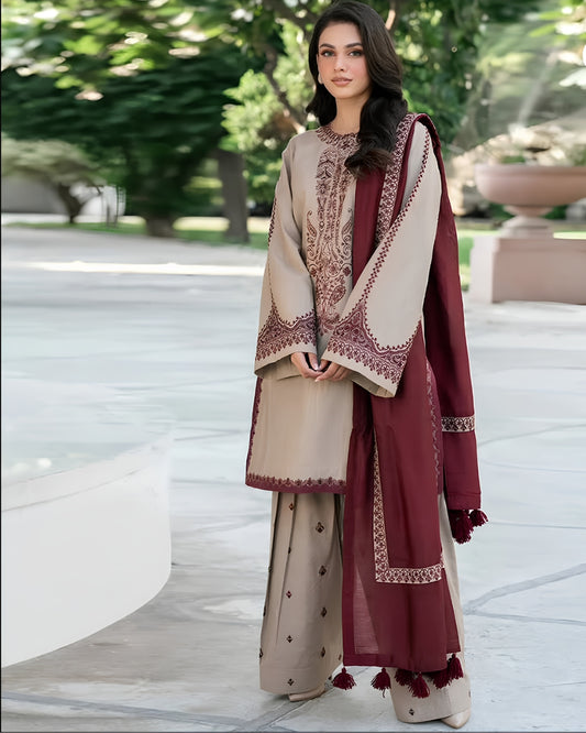 BAROQUE 3-PIECE LAWN EMBROIDERED DRESS WITH EMBROIDERED DUPATTA & TROUSER