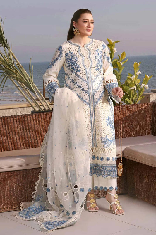 ANEELAS-3PC LAWN EMBROIDERED SHIRT WITH KHAADI NET EMBROIDERED DUPATTA AND TROUSER