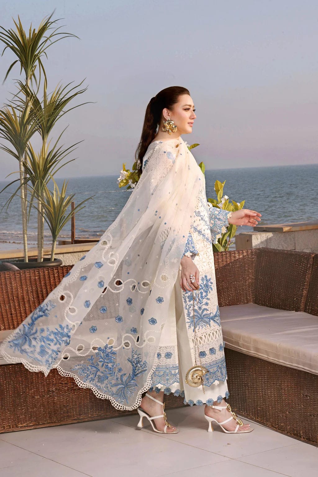 ANEELAS-3PC LAWN EMBROIDERED SHIRT WITH KHAADI NET EMBROIDERED DUPATTA AND TROUSER