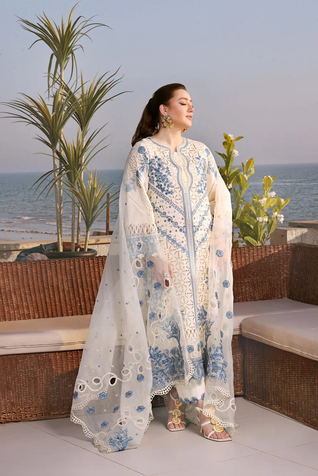 ANEELAS-3PC LAWN EMBROIDERED SHIRT WITH KHAADI NET EMBROIDERED DUPATTA AND TROUSER