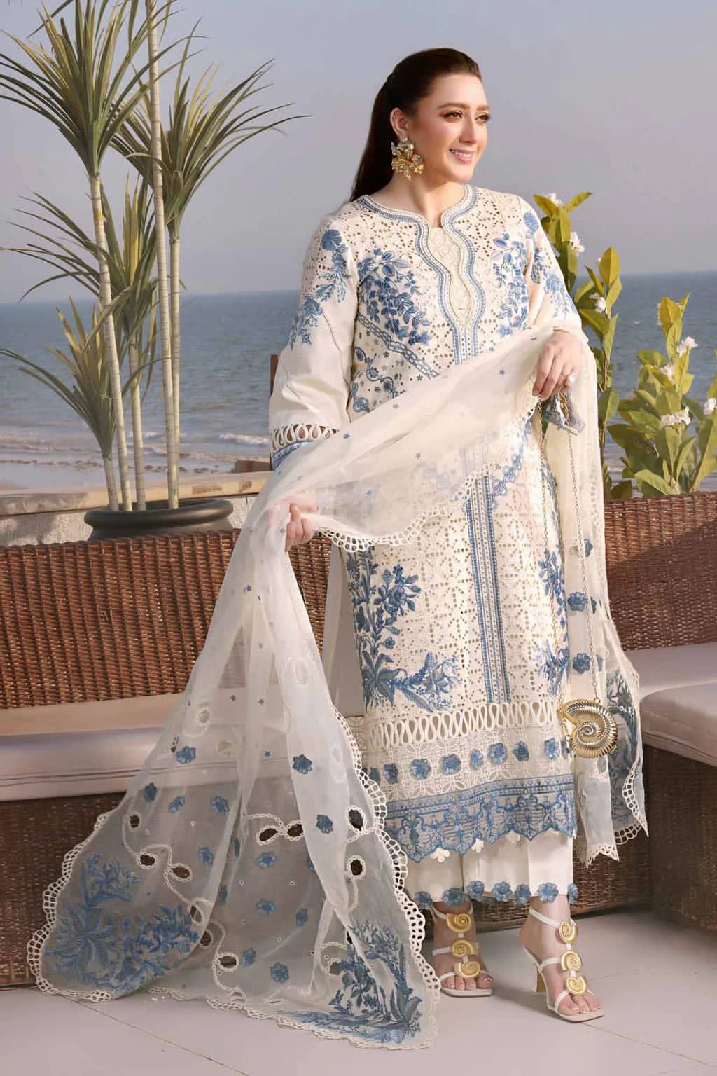 ANEELAS-3PC LAWN EMBROIDERED SHIRT WITH KHAADI NET EMBROIDERED DUPATTA AND TROUSER