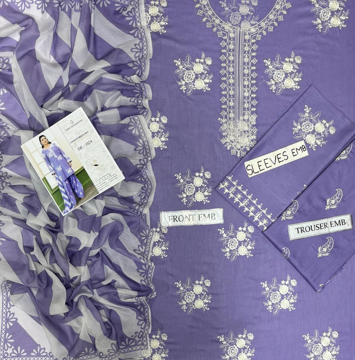 ZARA SHAHJAHAN-3PC LAWN EMBROIDERED SHIRT WITH MONARK PRINTED DUPATTA AND EMB TROUSER