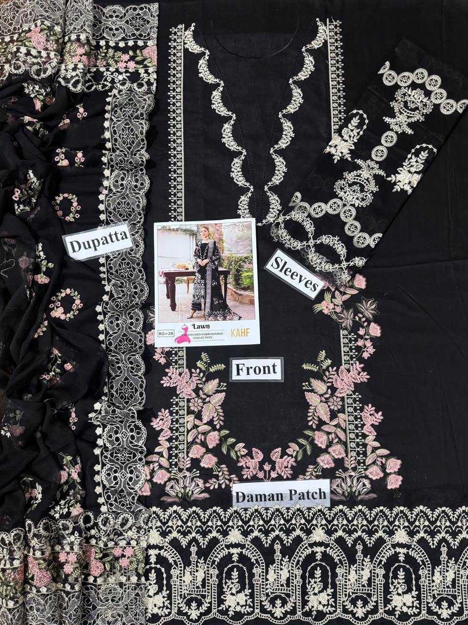 KAHF 3-PIECE LAWN EMBROIDERED SUIT WITH EMBROIDERED CUT WORK DUPATTA & TROUSER