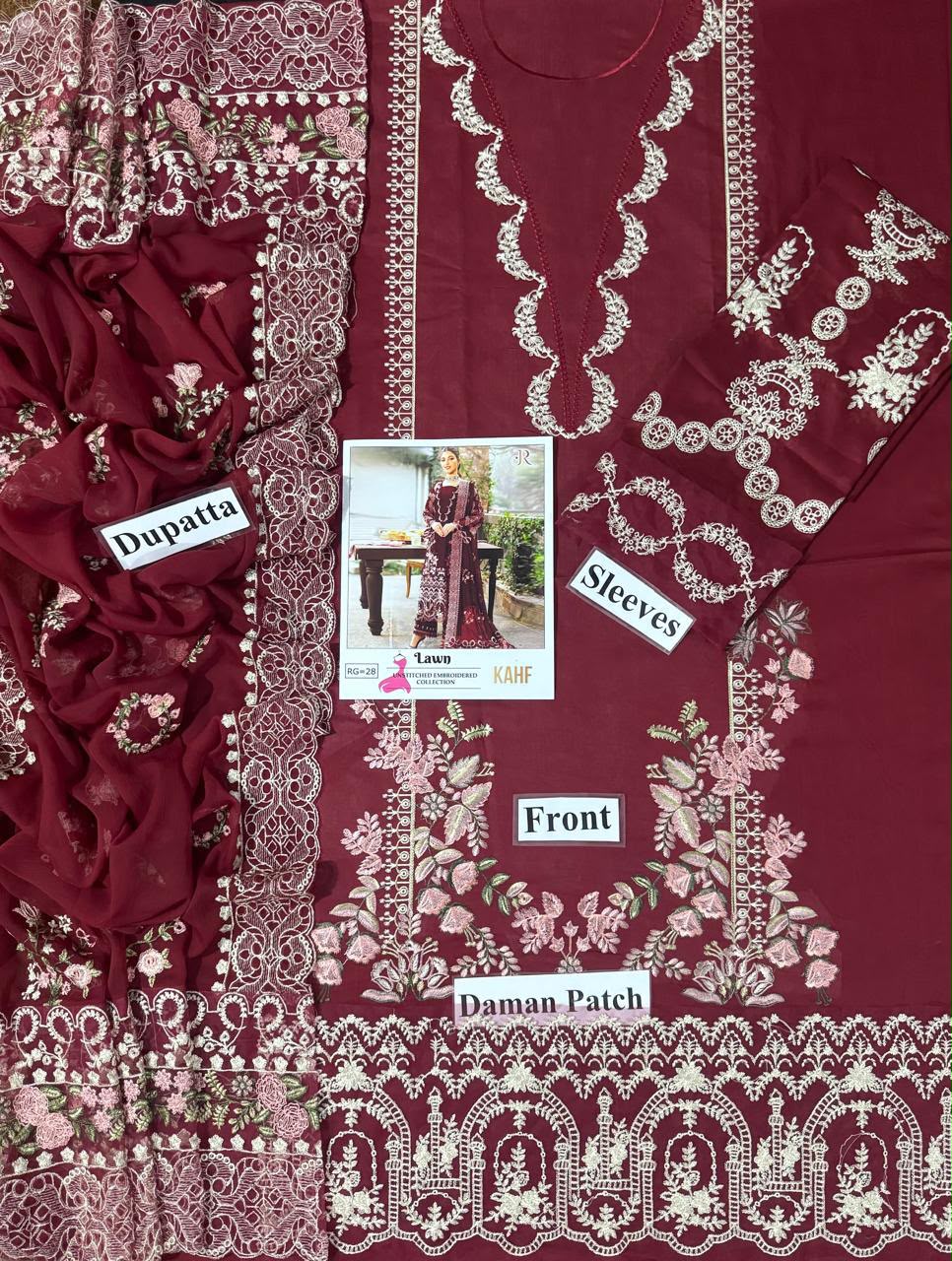 KAHF 3-PIECE LAWN EMBROIDERED SUIT WITH EMBROIDERED CUT WORK DUPATTA & TROUSER
