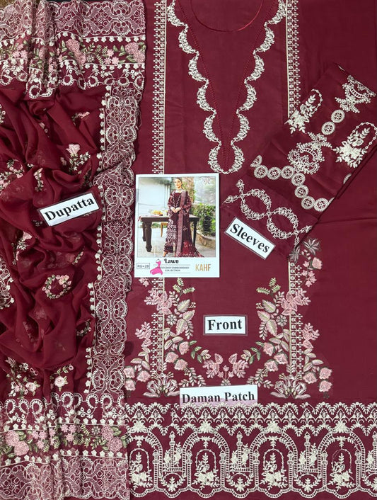 KAHF 3-PIECE LAWN EMBROIDERED SUIT WITH EMBROIDERED CUT WORK DUPATTA & TROUSER