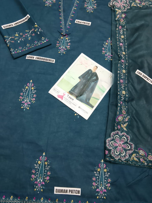 ETHNC-3PC LAWN SEQUIN EMBROIDERED SHIRT WITH ORGANZA EMBROIDERED DUPATTA AND TROUSER