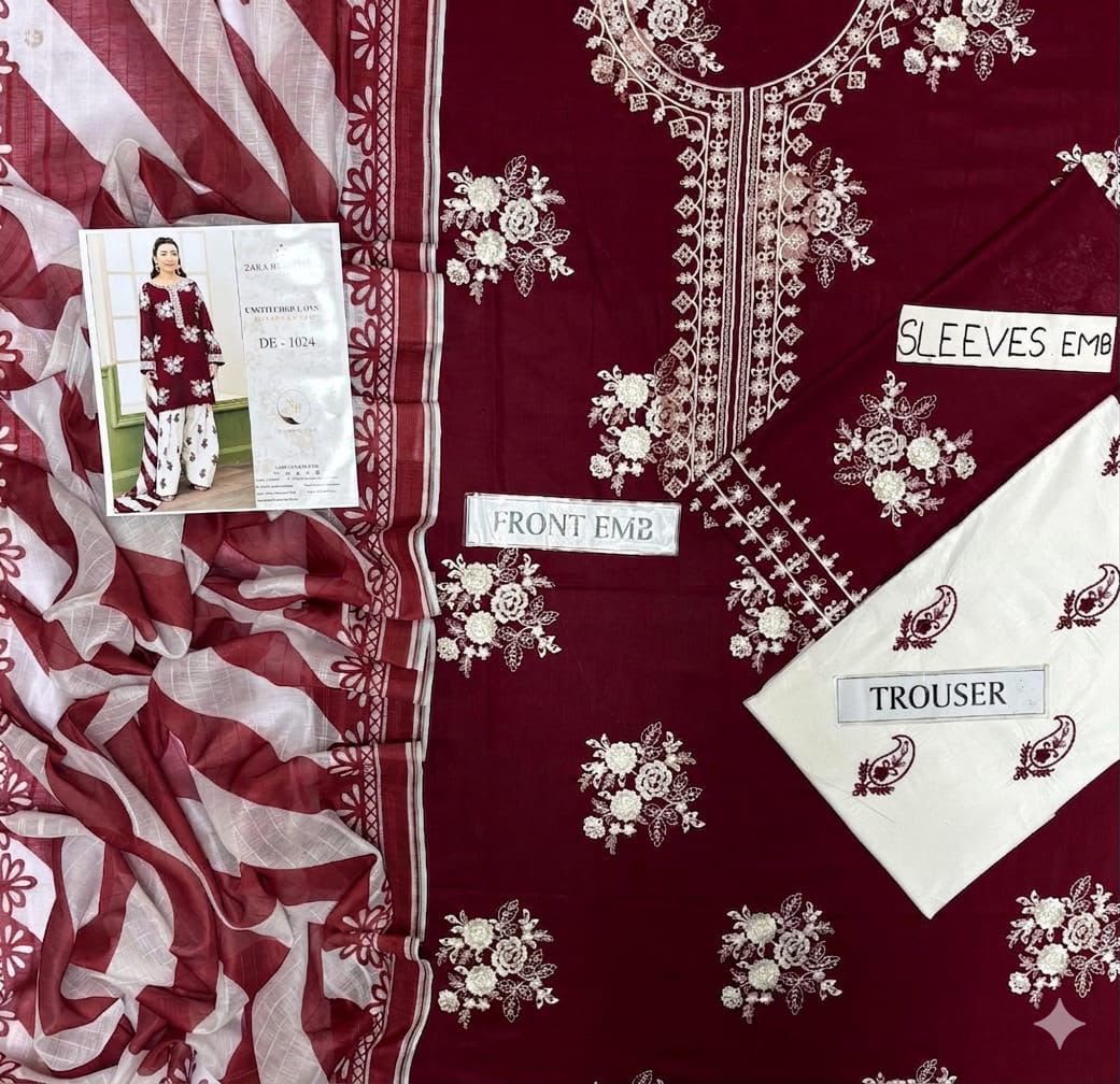 ZARA SHAHJAHAN-3PC LAWN EMBROIDERED SHIRT WITH MONARK PRINTED DUPATTA AND EMB TROUSER